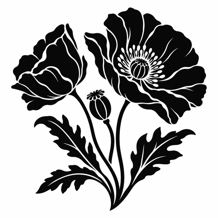 Poppy flowers black and white stencil
